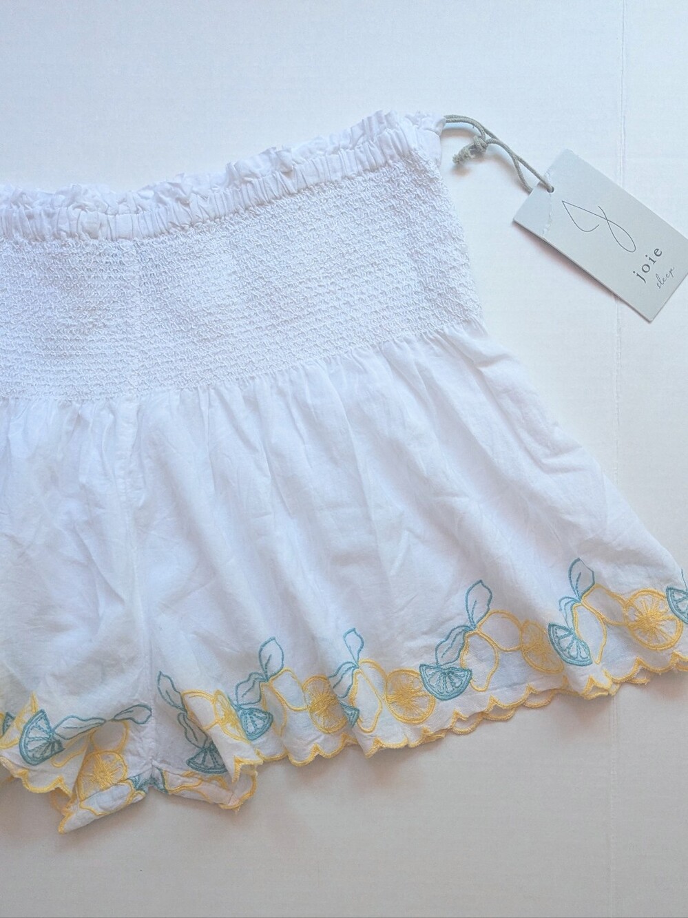 Joie Smocked Lemon Embroidered Scalloped Cotton Shorts
